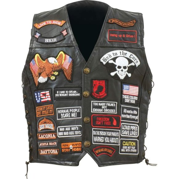 Genuine Buffalo Leather Biker's Vest with 42 Patches - Picture 2 of 3
